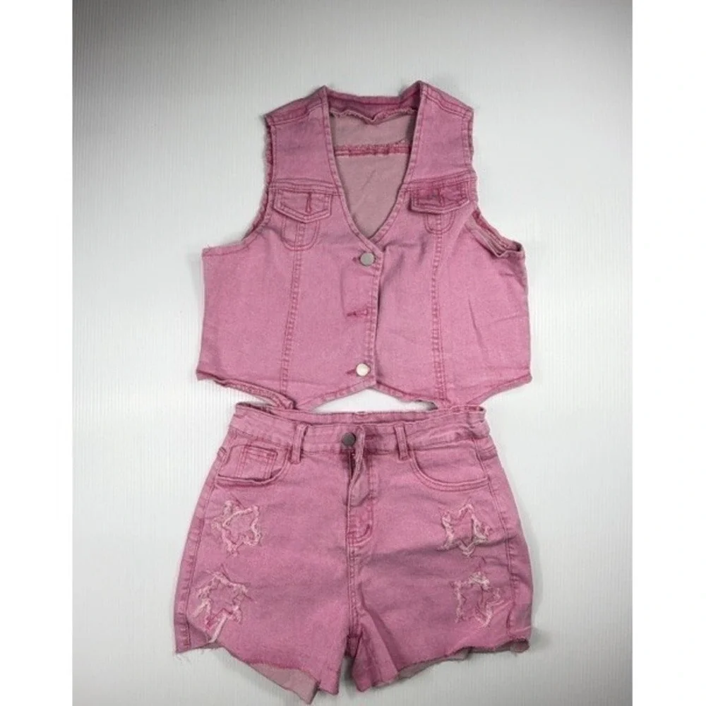 Y2K Pink Denim Two‎ Piece Set Crop Vest Raw Hem Star Cutout Shorts Size Small
